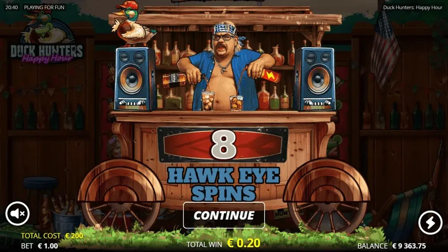 Hawk Eye Spins bonus round with two upgrades active in Duck Hunters Happy Hour