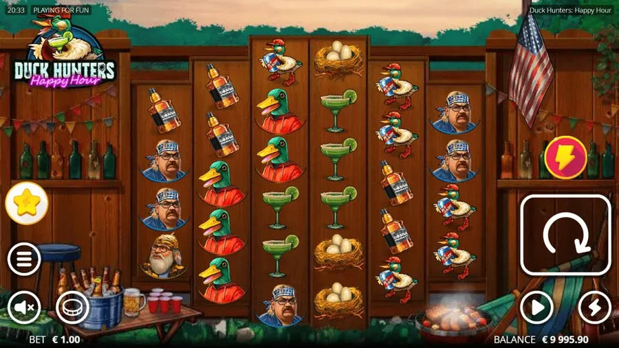 Duck Hunters Happy Hour 4-5-6-6-5-4 grid inside a hunting lodge bar