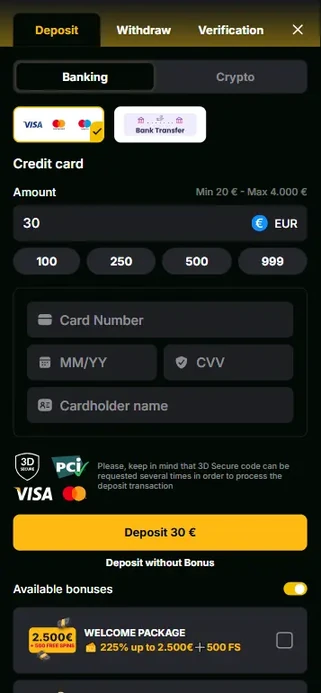 Depositing funds into a casino account to play Duck Hunters Happy Hour